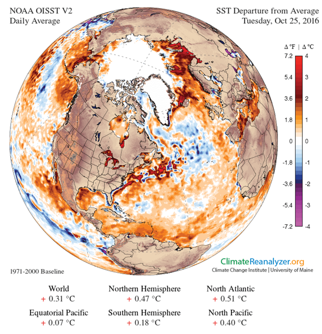 Sea surface temperature anomalies on October 25th, 2016. Image: NSDIC